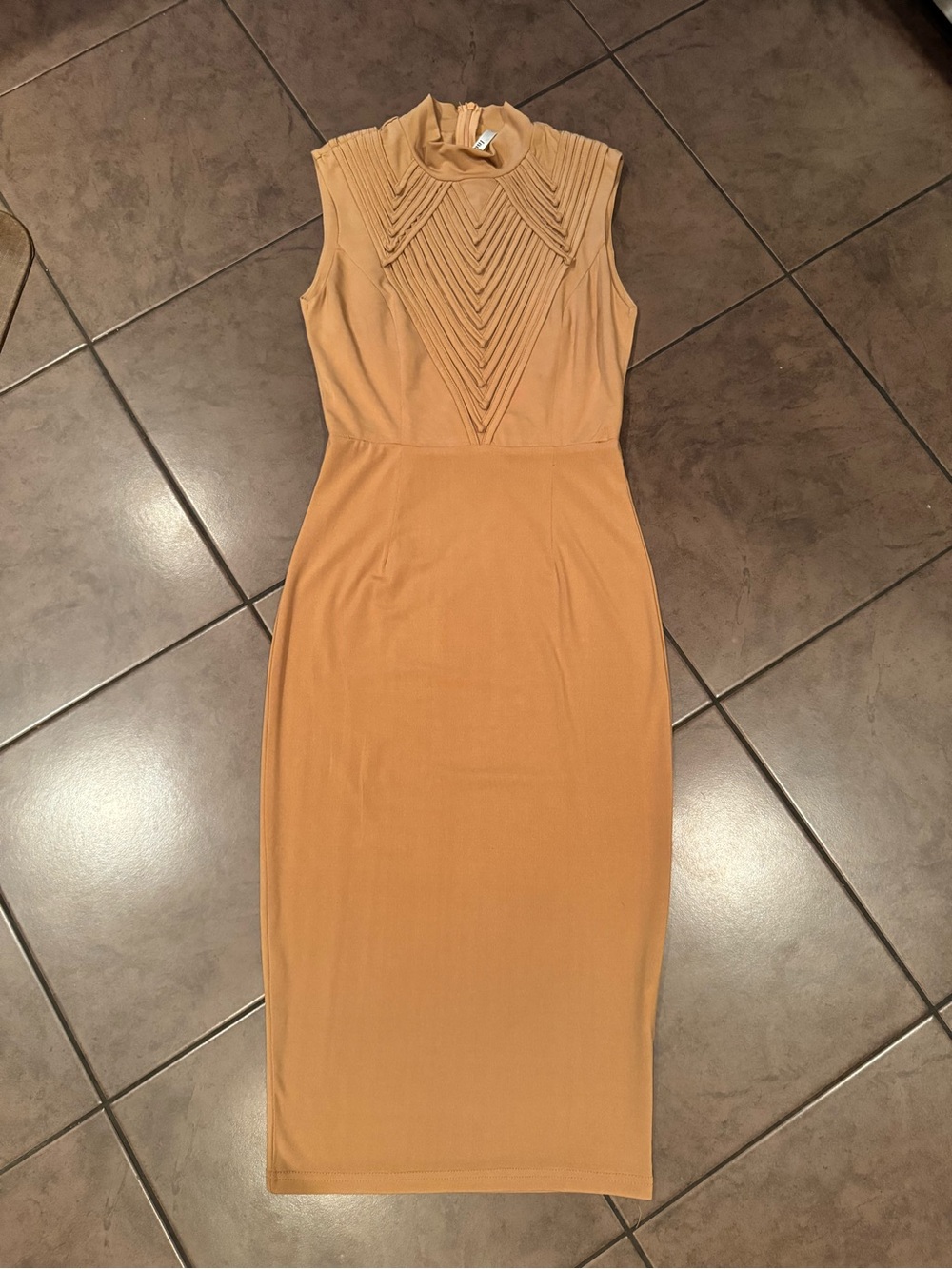 INDIKAH Sleeveless Midi Dress with Textured V-Panel in Tan - AU8